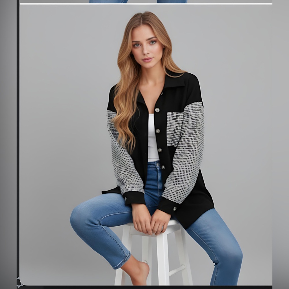Black Houndstooth Print Drop Shoulder Shacket - Picture 2 of 9